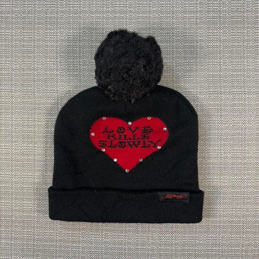 Ed hardy Love Kills Slowly Pom Pom beanie.